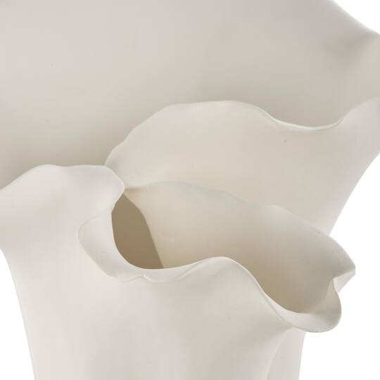 10.5" White Ceramic Abstract Floral Vase with Wavy Folded Rim